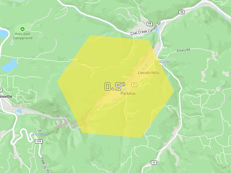 Hail map of Rollinsville, CO on Jun 2, 2026, hail up to 0.5"