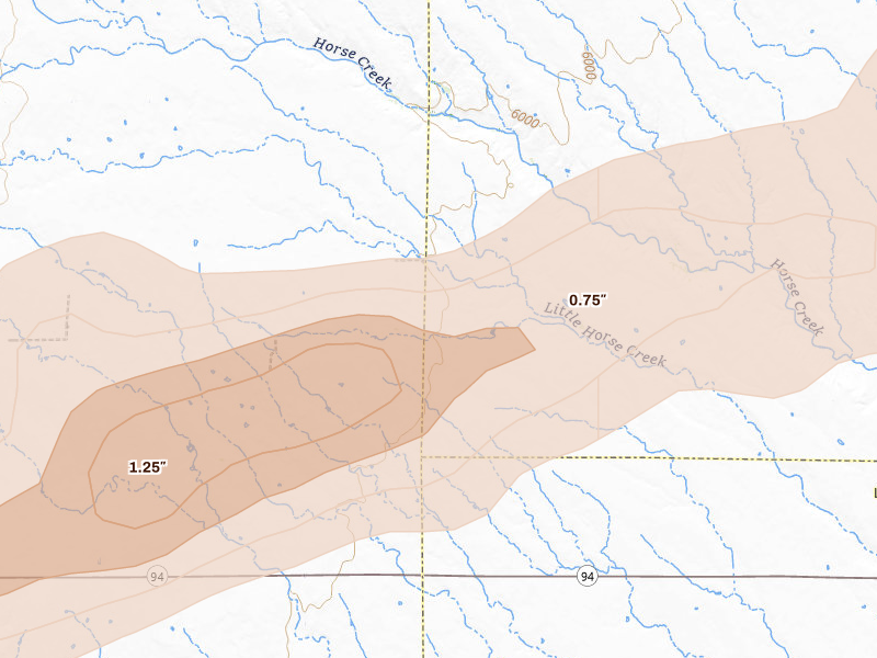 Radar-estimated hail-size map of the storm over Rush, CO on Jun 23, 2026