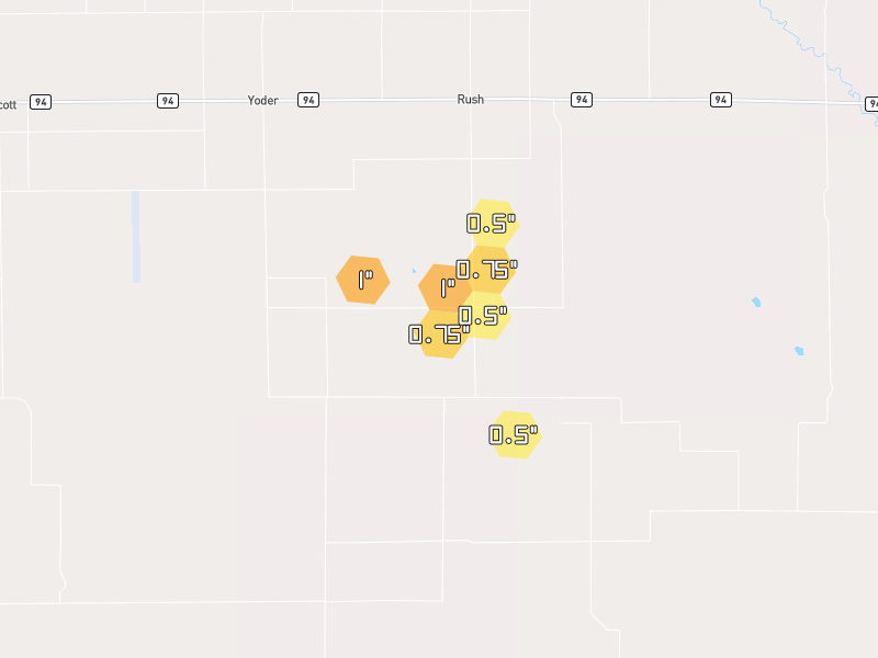 Hail map of Rush, CO on Jul 8, 2026, hail up to 1"