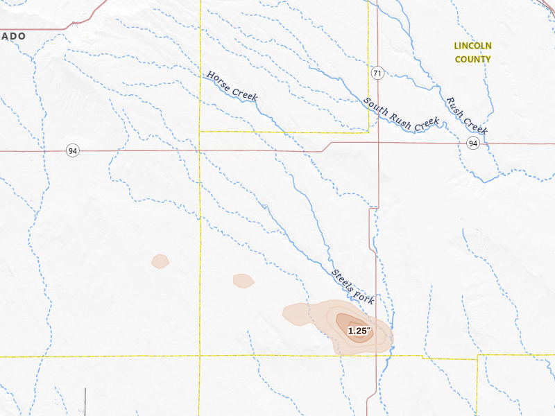 Radar-estimated hail-size map of the storm over Rush, CO on Jul 27, 2026