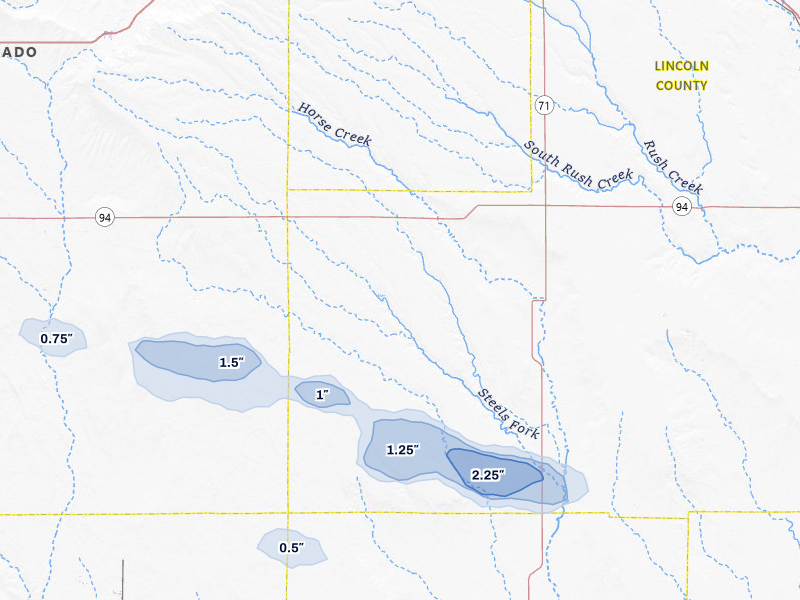 NEXRAD radar-signature map of the hail storm over Rush, CO on Jul 27, 2026