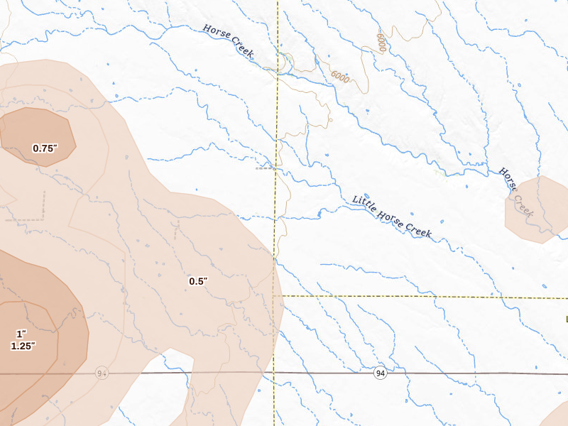 Radar-estimated hail-size map of the storm over Rush, CO on Jul 28, 2026