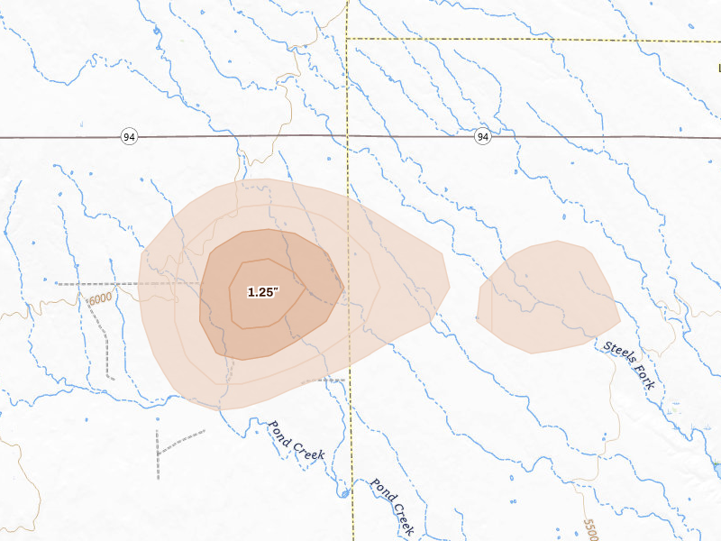 Radar-estimated hail-size map of the storm over Rush, CO on Aug 15, 2026