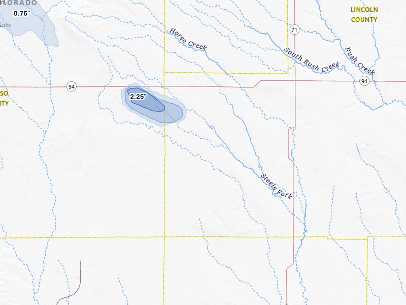NEXRAD radar-signature map of the hail storm over Rush, CO on Aug 15, 2026