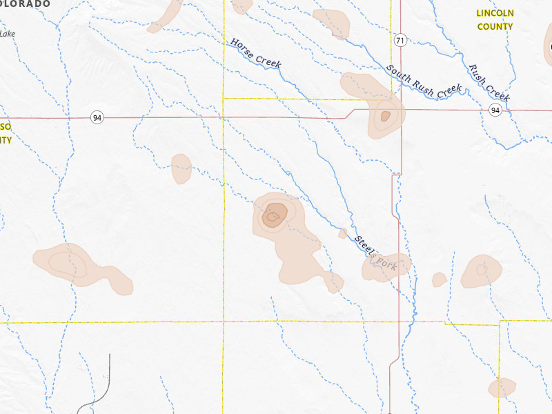 Radar-estimated hail-size map of the storm over Rush, CO on Aug 16, 2026