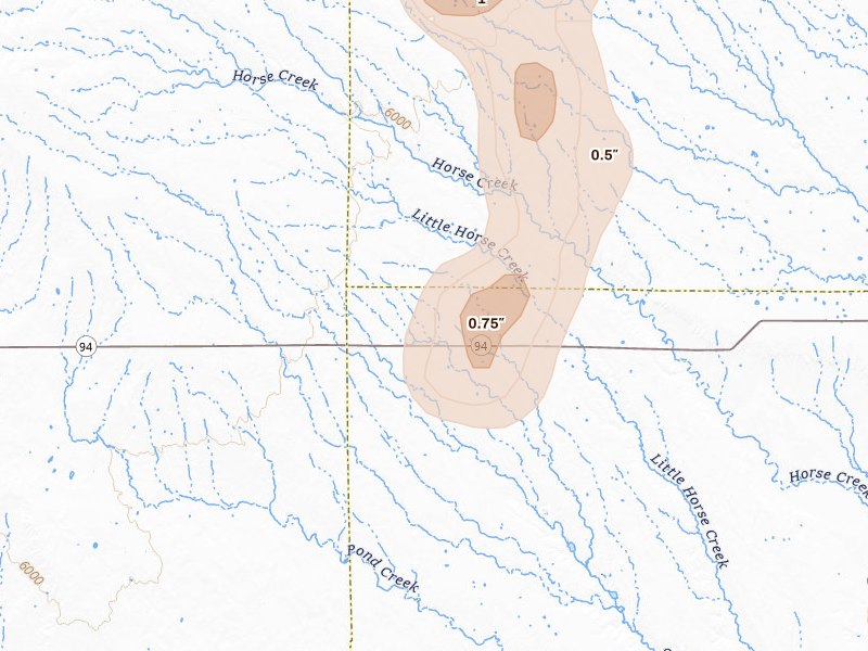 Radar-estimated hail-size map of the storm over Rush, CO on Aug 19, 2026