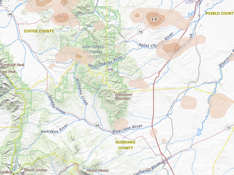Radar-estimated hail-size map of the storm over Rye, CO on Jul 29, 2026
