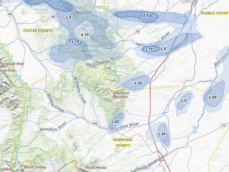 NEXRAD radar-signature map of the hail storm over Rye, CO on Jul 29, 2026