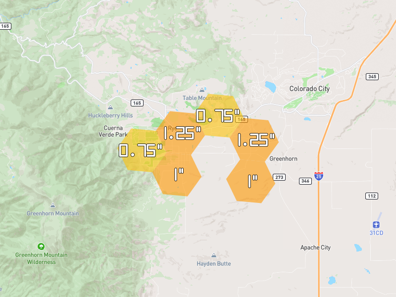 Hail map of Rye, CO on Jul 29, 2026, hail up to 1.25"