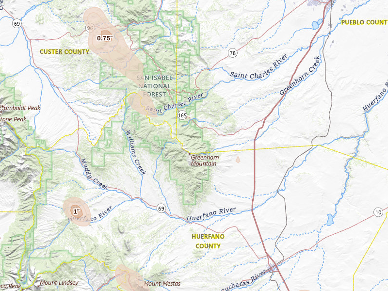 Radar-estimated hail-size map of the storm over Rye, CO on Jul 31, 2026