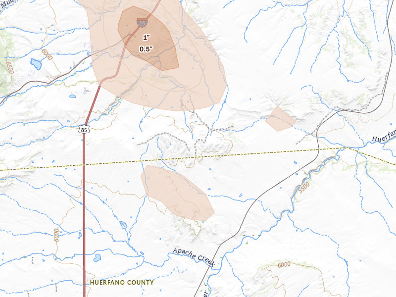 Radar-estimated hail-size map of the storm over Rye, CO on Aug 16, 2026