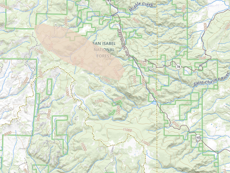 Radar-estimated hail-size map of the storm over Rye, CO on Aug 19, 2026