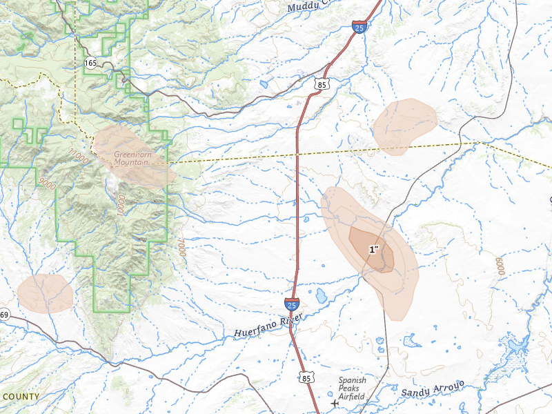 Radar-estimated hail-size map of the storm over Rye, CO on Aug 27, 2026