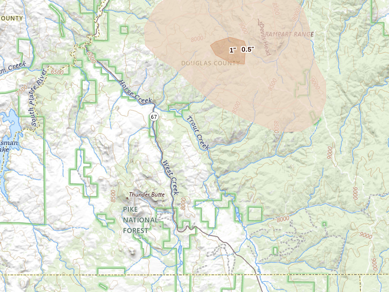 Radar-estimated hail-size map of the storm over Sedalia, CO on Jul 28, 2026