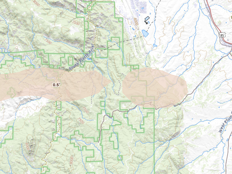 Radar-estimated hail-size map of the storm over Sedalia, CO on Aug 13, 2026
