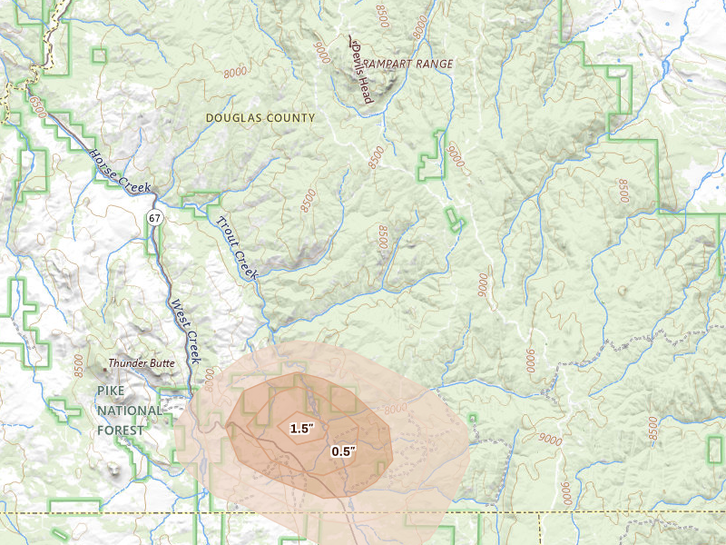 Radar-estimated hail-size map of the storm over Sedalia, CO on Aug 26, 2026