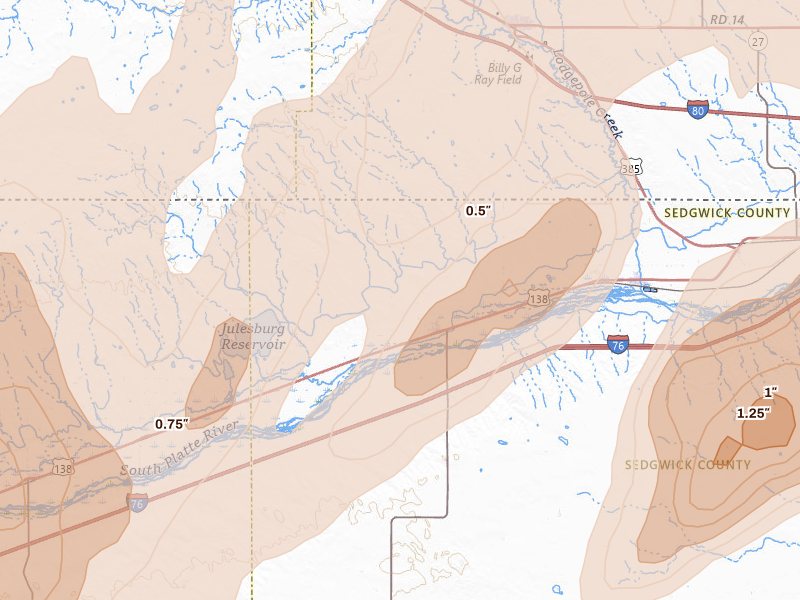 Radar-estimated hail-size map of the storm over Sedgwick, CO on Jun 30, 2026