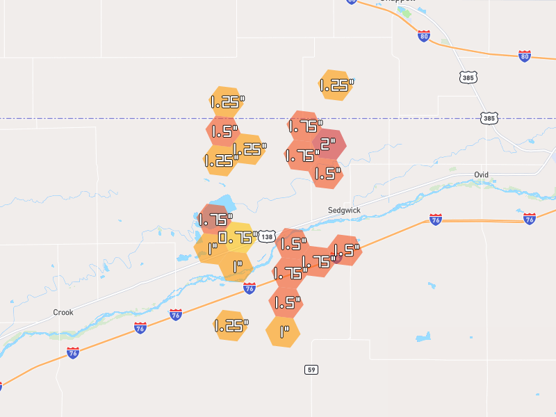 Hail map of Sedgwick, CO on Jul 1, 2026, hail up to 2"