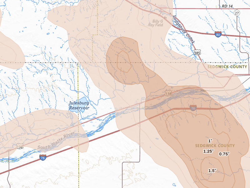 Radar-estimated hail-size map of the storm over Sedgwick, CO on Aug 9, 2026