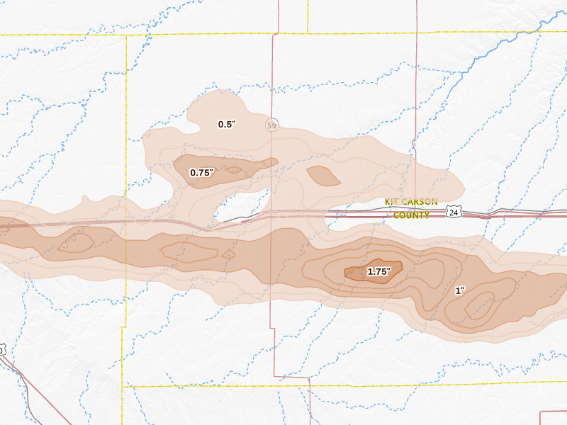 Radar-estimated hail-size map of the storm over Seibert, CO on May 17, 2026