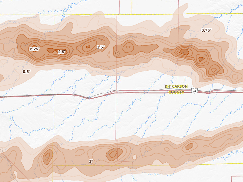 Radar-estimated hail-size map of the storm over Seibert, CO on Jun 8, 2026