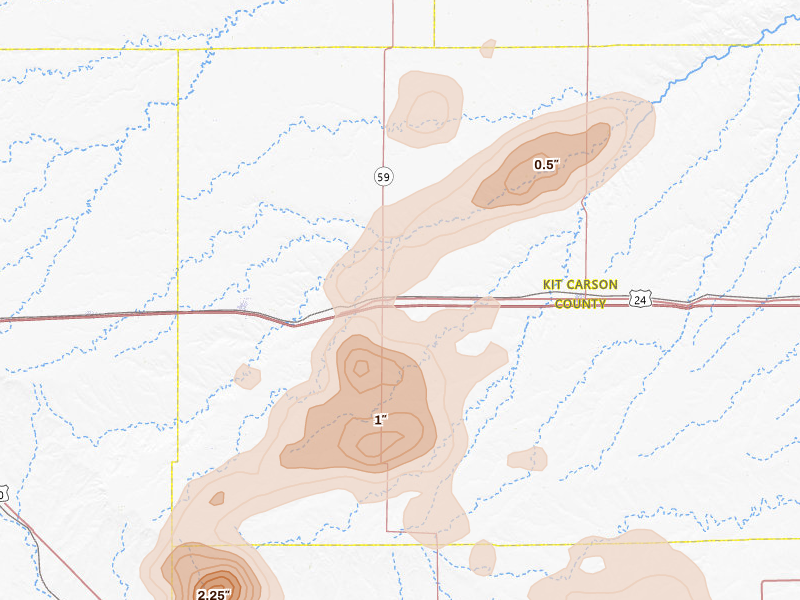 Radar-estimated hail-size map of the storm over Seibert, CO on Jun 26, 2026