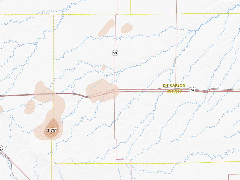 Radar-estimated hail-size map of the storm over Seibert, CO on Jul 22, 2026