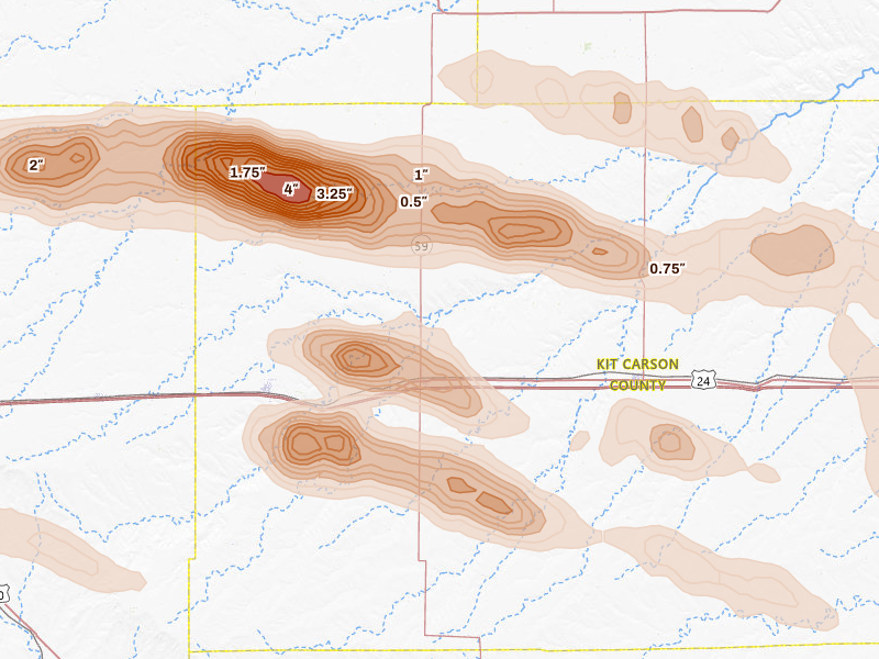 Radar-estimated hail-size map of the storm over Seibert, CO on Aug 19, 2026