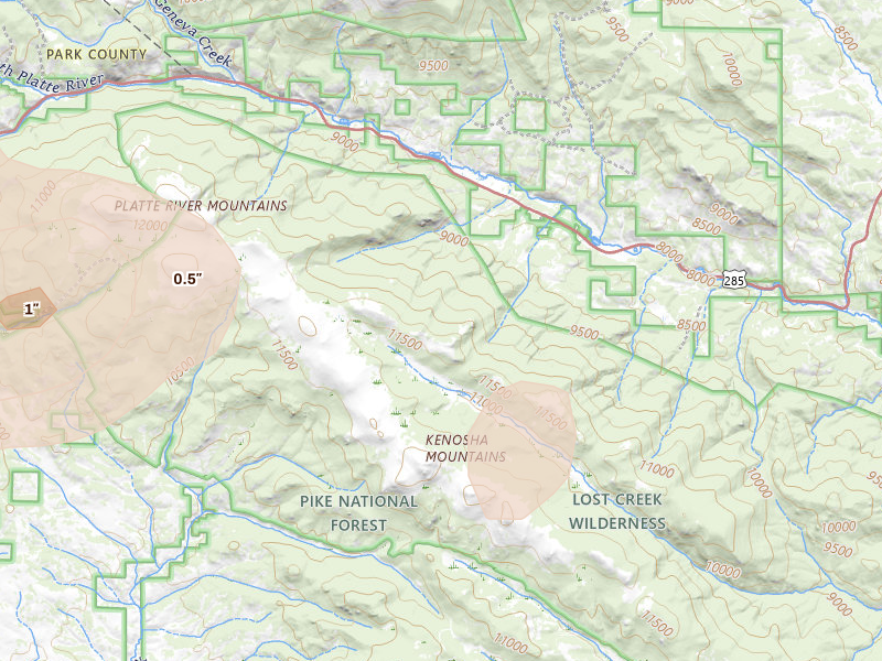 Radar-estimated hail-size map of the storm over Shawnee, CO on May 28, 2026