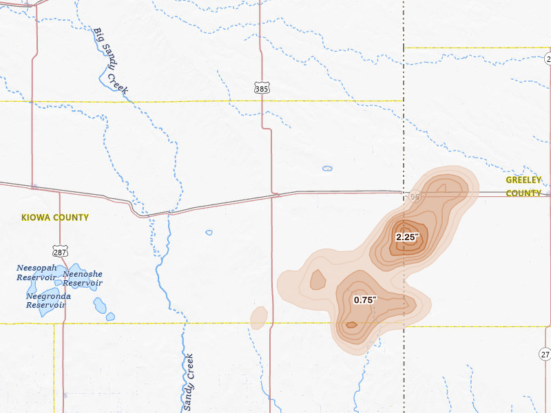 Radar-estimated hail-size map of the storm over Sheridan Lake, CO on Jul 8, 2026