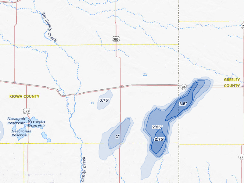NEXRAD radar-signature map of the hail storm over Sheridan Lake, CO on Jul 8, 2026