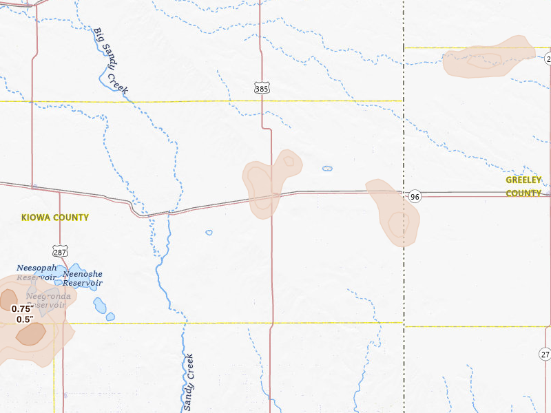 Radar-estimated hail-size map of the storm over Sheridan Lake, CO on Jul 23, 2026