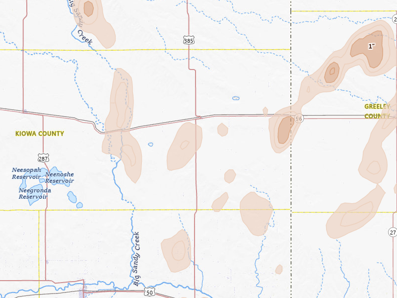 Radar-estimated hail-size map of the storm over Sheridan Lake, CO on Aug 13, 2026
