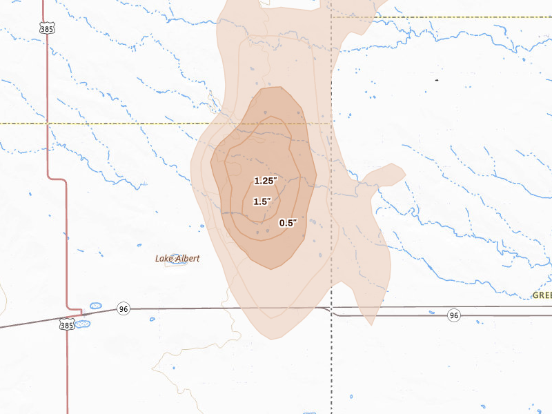 Radar-estimated hail-size map of the storm over Sheridan Lake, CO on Aug 26, 2026