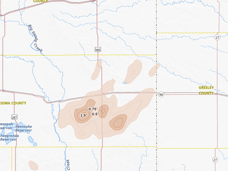 Radar-estimated hail-size map of the storm over Sheridan Lake, CO on Aug 31, 2026