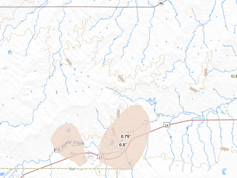 Radar-estimated hail-size map of the storm over Simla, CO on Jun 1, 2026