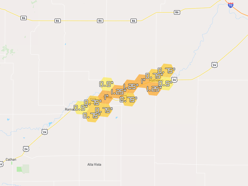 Hail map of Simla, CO on Jun 1, 2026, hail up to 1.25"