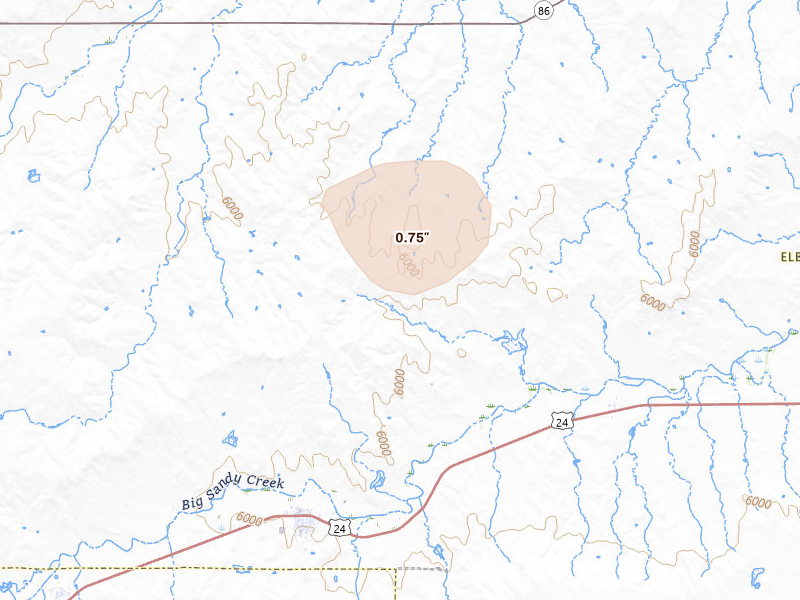 Radar-estimated hail-size map of the storm over Simla, CO on Jun 6, 2026