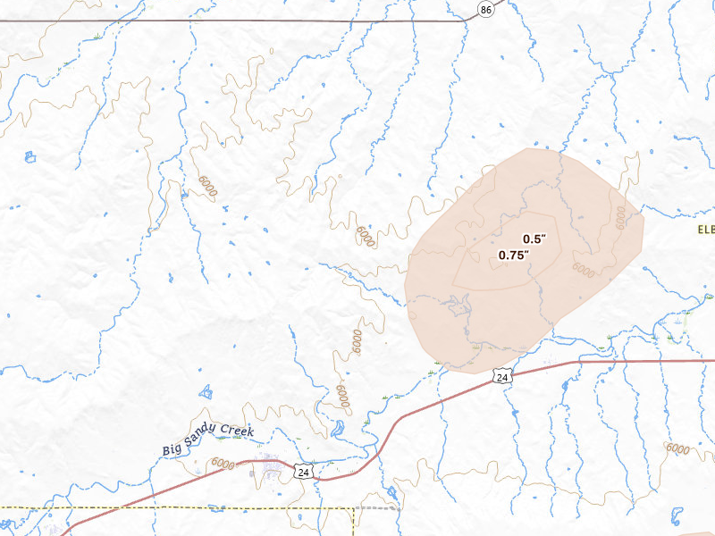 Radar-estimated hail-size map of the storm over Simla, CO on Jul 10, 2026