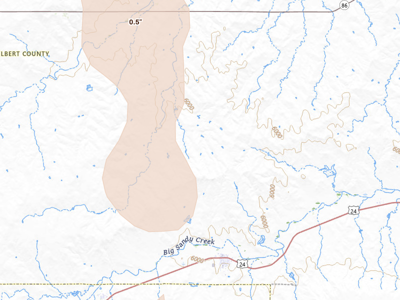 Radar-estimated hail-size map of the storm over Simla, CO on Aug 13, 2026