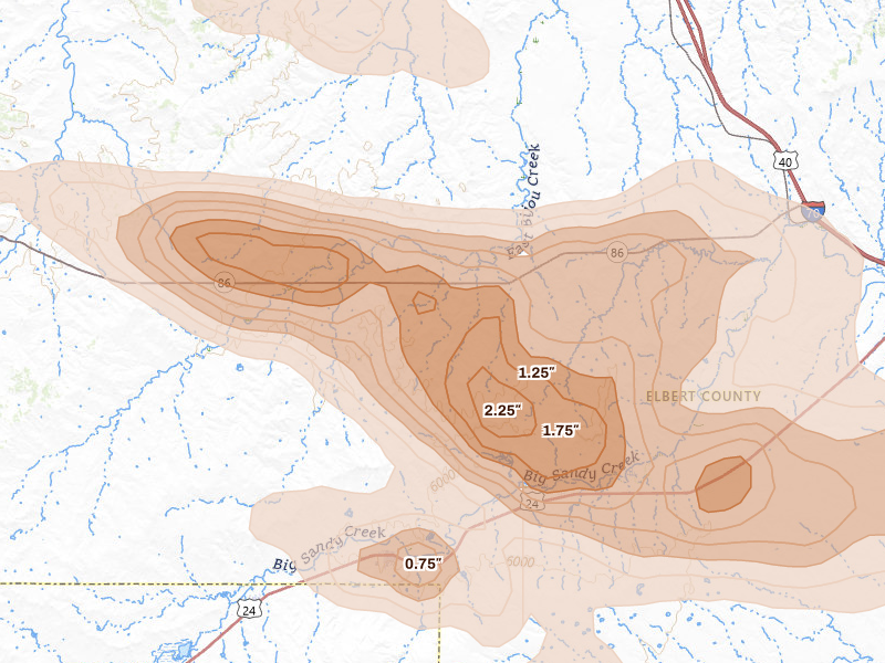 Radar-estimated hail-size map of the storm over Simla, CO on Aug 18, 2026