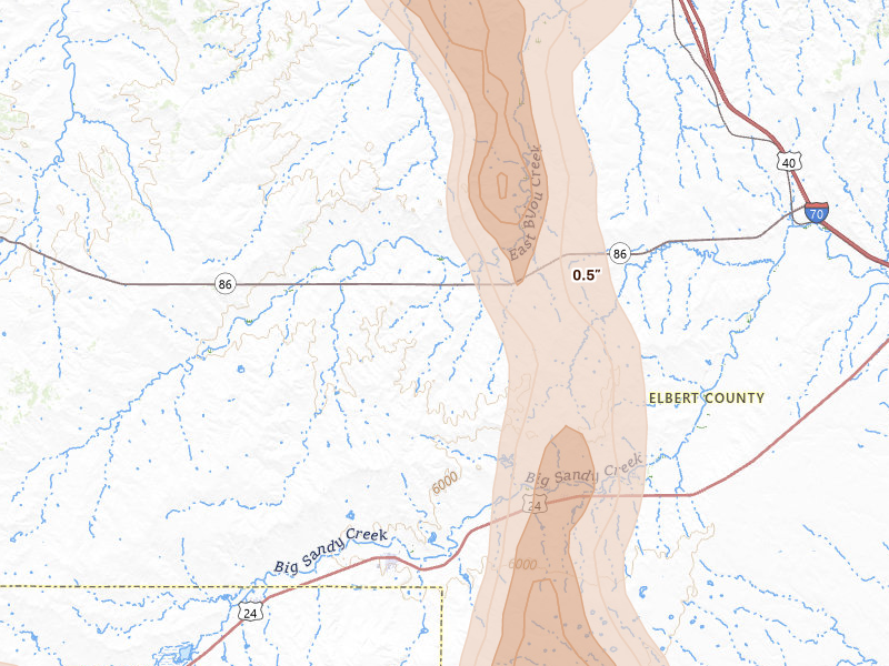Radar-estimated hail-size map of the storm over Simla, CO on Aug 19, 2026