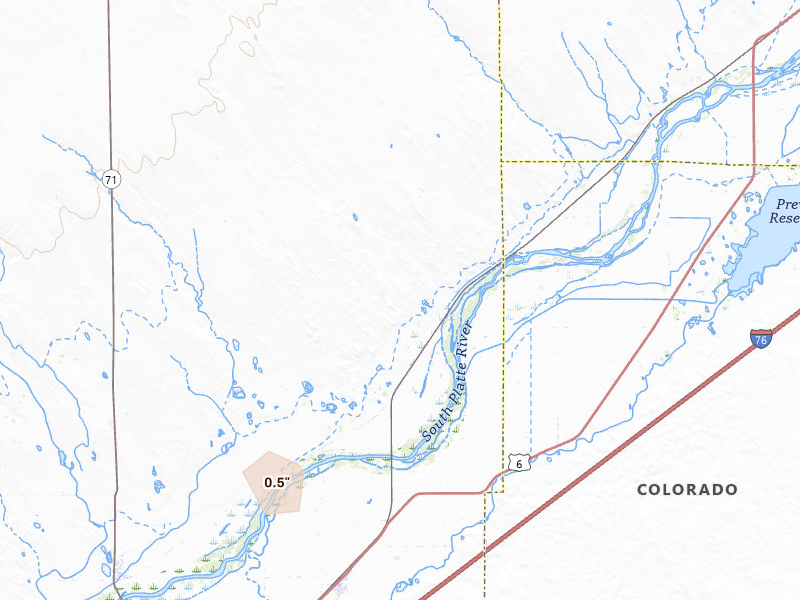 Radar-estimated hail-size map of the storm over Snyder, CO on Jun 1, 2026