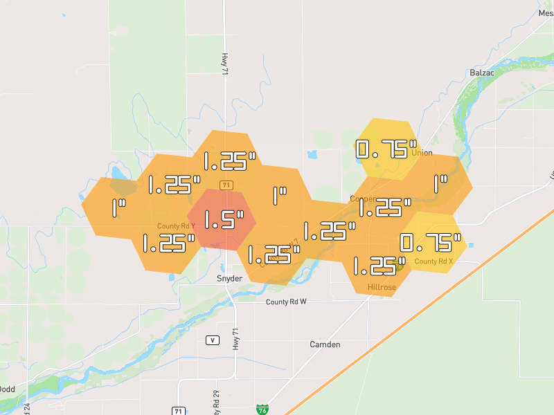 Hail map of Snyder, CO on Jun 7, 2026, hail up to 1.5"