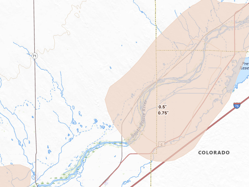 Radar-estimated hail-size map of the storm over Snyder, CO on Jun 8, 2026