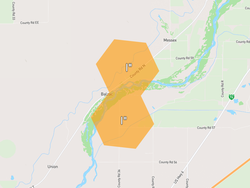 Hail map of Snyder, CO on Jun 9, 2026, hail up to 1"