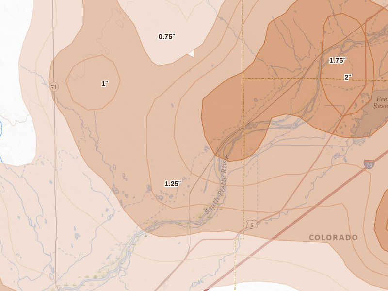Radar-estimated hail-size map of the storm over Snyder, CO on Jun 24, 2026