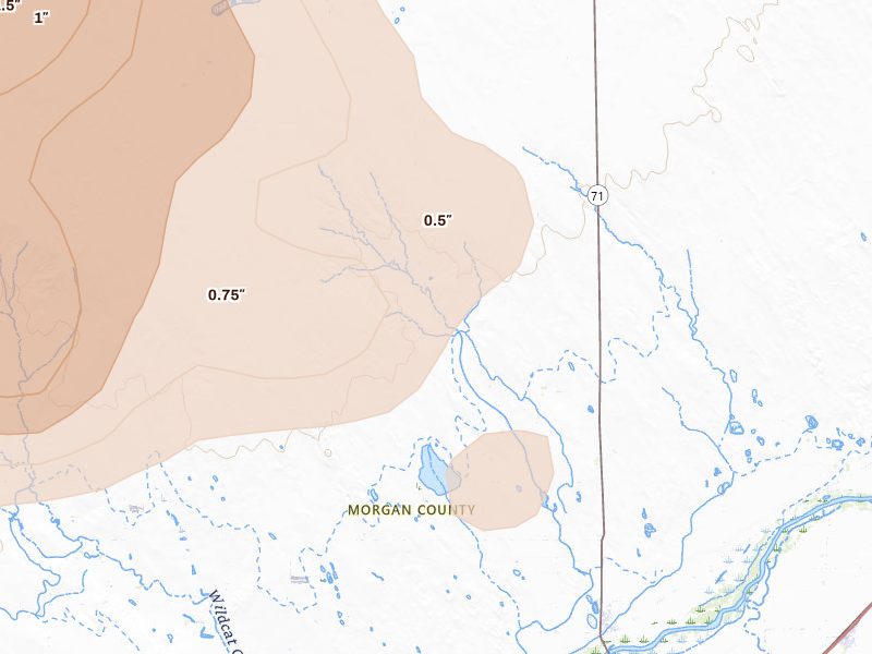 Radar-estimated hail-size map of the storm over Snyder, CO on Aug 16, 2026