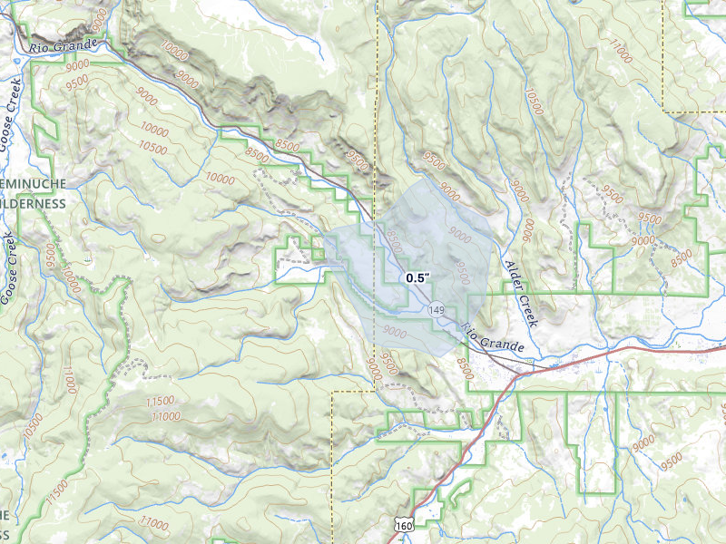 NEXRAD radar-signature map of the hail over South Fork, CO