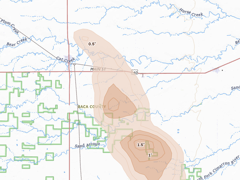 Radar-estimated hail-size map of the storm over Springfield, CO on Aug 6, 2026